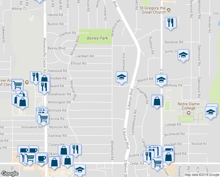 map of restaurants, bars, coffee shops, grocery stores, and more near 4250 Bayard Road in South Euclid