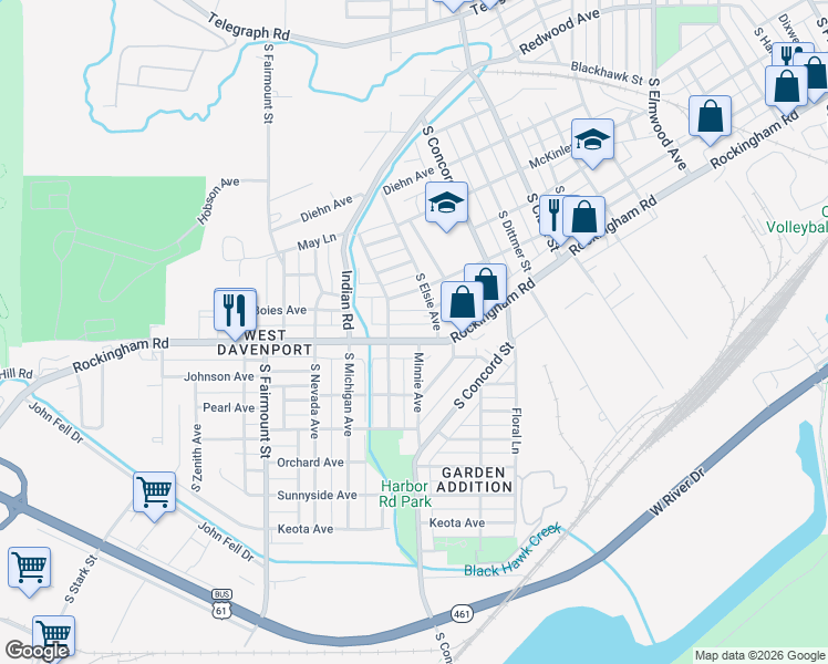 map of restaurants, bars, coffee shops, grocery stores, and more near 3208 Rockingham Road in Davenport