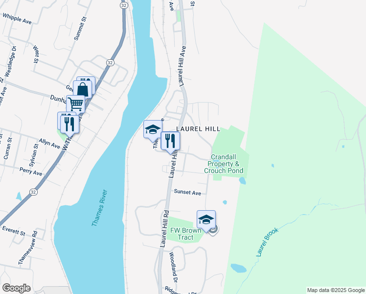 map of restaurants, bars, coffee shops, grocery stores, and more near 412 Laurel Hill Avenue in Norwich