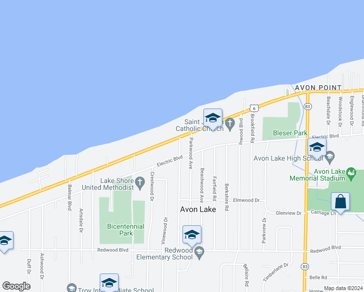 map of restaurants, bars, coffee shops, grocery stores, and more near 111 Moorewood Avenue in Avon Lake