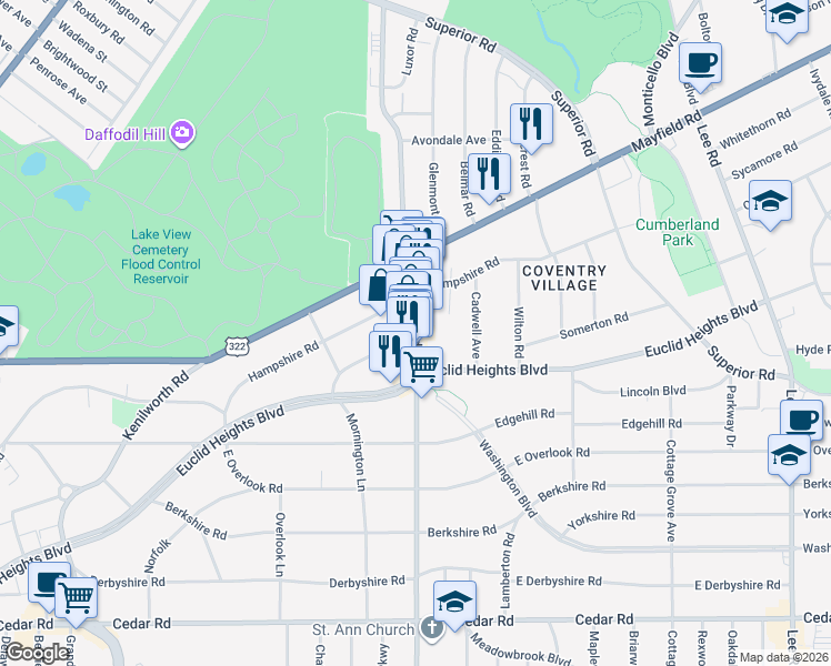map of restaurants, bars, coffee shops, grocery stores, and more near Coventry Rd & Lancashire Rd in Cleveland Heights