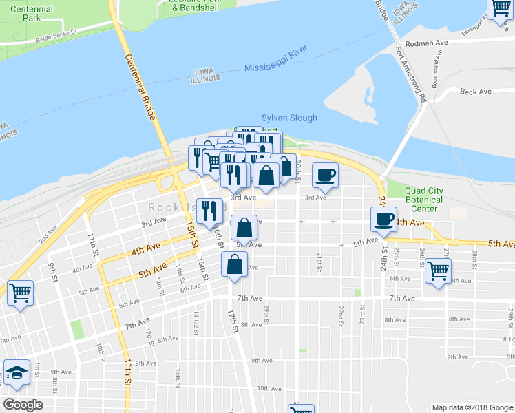 map of restaurants, bars, coffee shops, grocery stores, and more near 1800 3rd Avenue in Rock Island