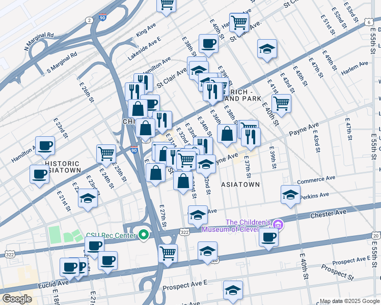 map of restaurants, bars, coffee shops, grocery stores, and more near 1588 East 32nd Street in Cleveland