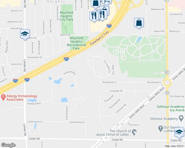 map of restaurants, bars, coffee shops, grocery stores, and more near 139 Fox Hollow Ct in Mayfield Heights