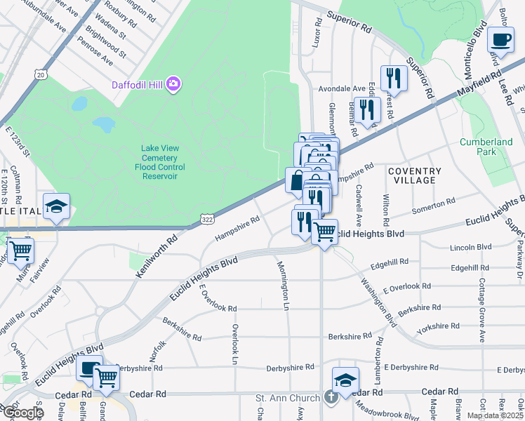 map of restaurants, bars, coffee shops, grocery stores, and more near 2701 Hampshire Road in Cleveland Heights