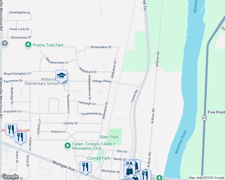 map of restaurants, bars, coffee shops, grocery stores, and more near 805 Roche De Boeuf Court in Waterville