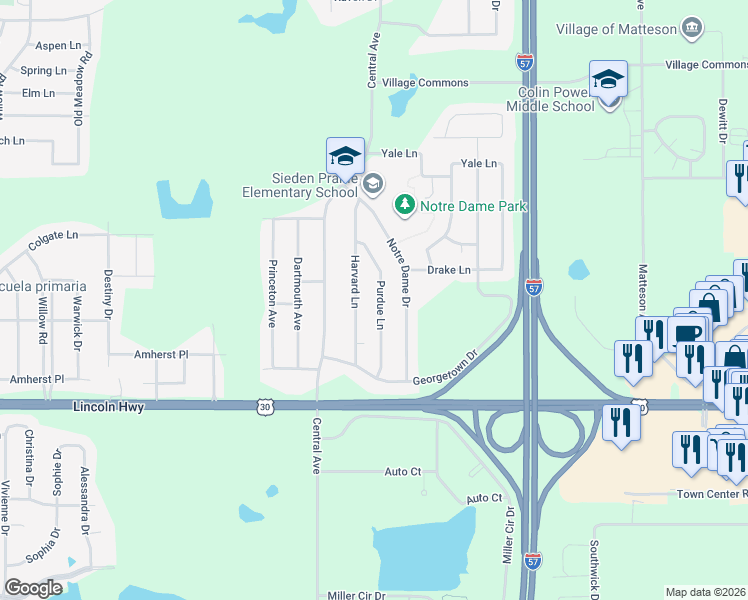 map of restaurants, bars, coffee shops, grocery stores, and more near 908 Purdue Lane in Matteson