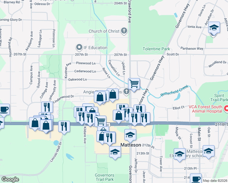map of restaurants, bars, coffee shops, grocery stores, and more near 4046 Lindenwood Drive in Matteson