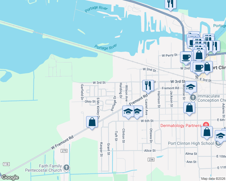 map of restaurants, bars, coffee shops, grocery stores, and more near 803 Bataan Lane in Port Clinton