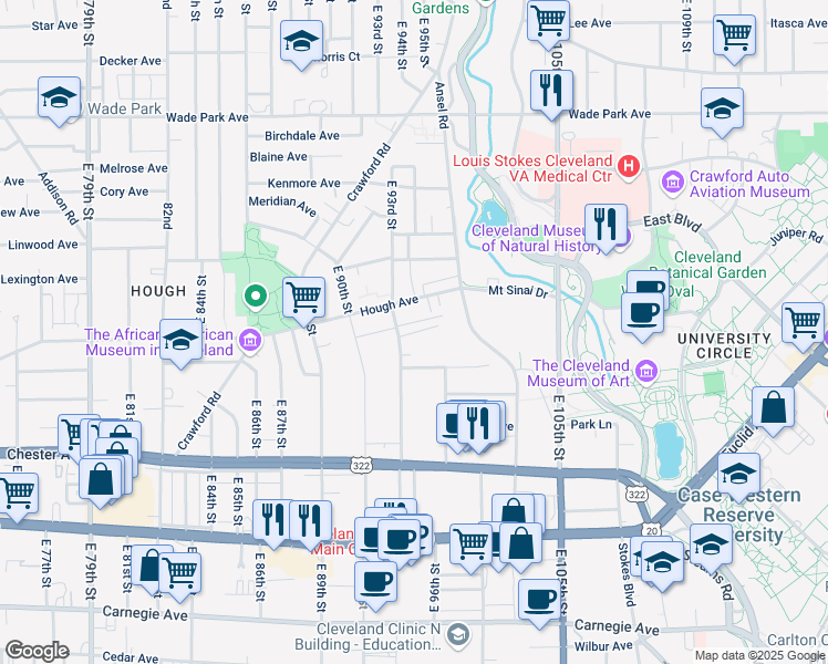 map of restaurants, bars, coffee shops, grocery stores, and more near 9310 Amesbury Avenue in Cleveland