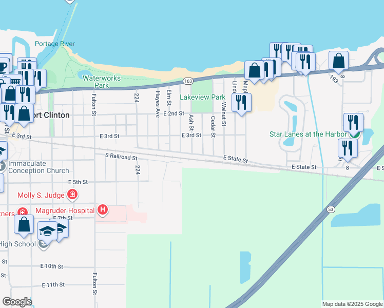 map of restaurants, bars, coffee shops, grocery stores, and more near 1098 E State St in Port Clinton