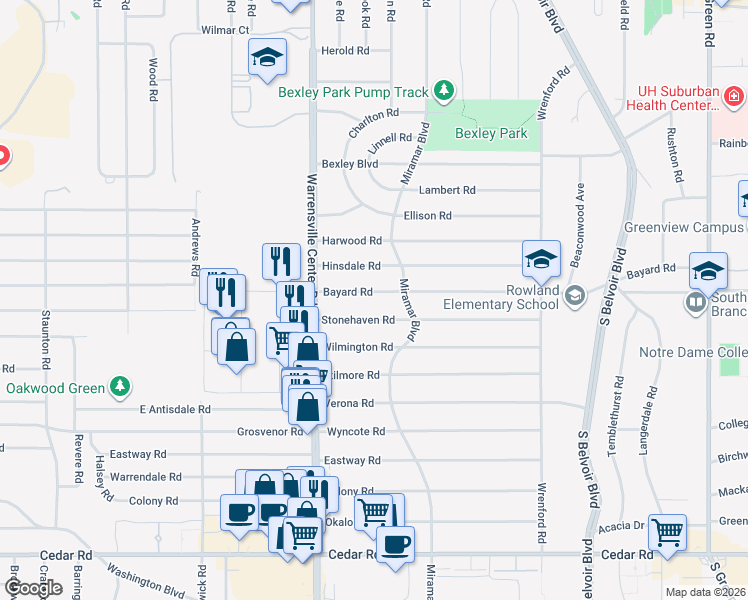 map of restaurants, bars, coffee shops, grocery stores, and more near 4062 Bayard Road in South Euclid