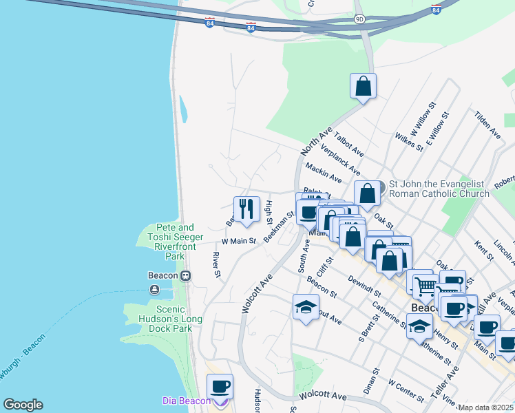 map of restaurants, bars, coffee shops, grocery stores, and more near 19 High Street in Beacon