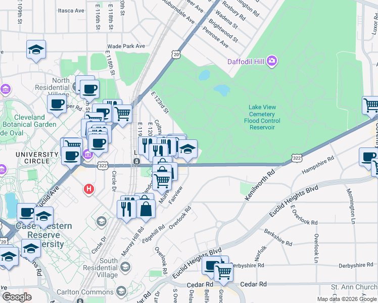 map of restaurants, bars, coffee shops, grocery stores, and more near 1968 East 126th Street in Cleveland