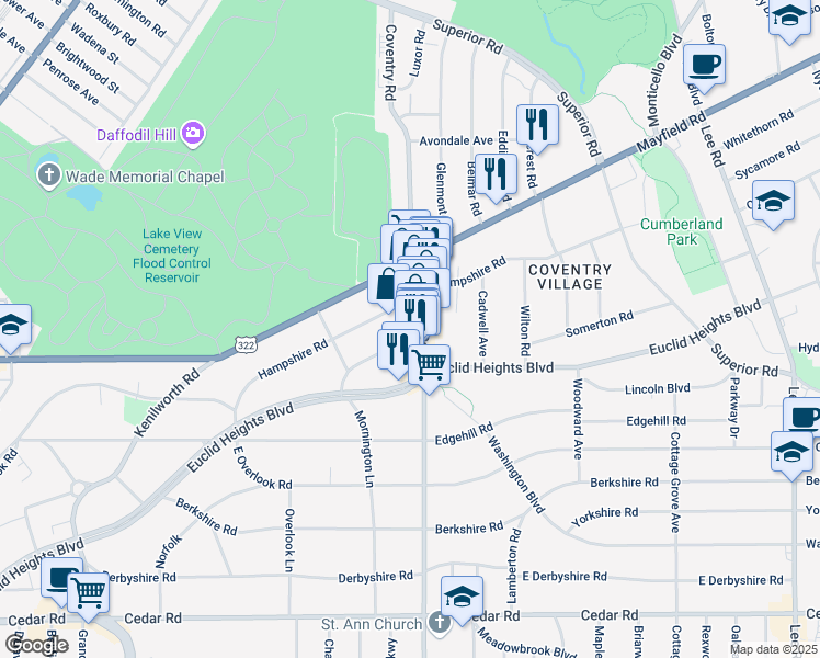 map of restaurants, bars, coffee shops, grocery stores, and more near 2779 Lancashire Road in Cleveland Heights
