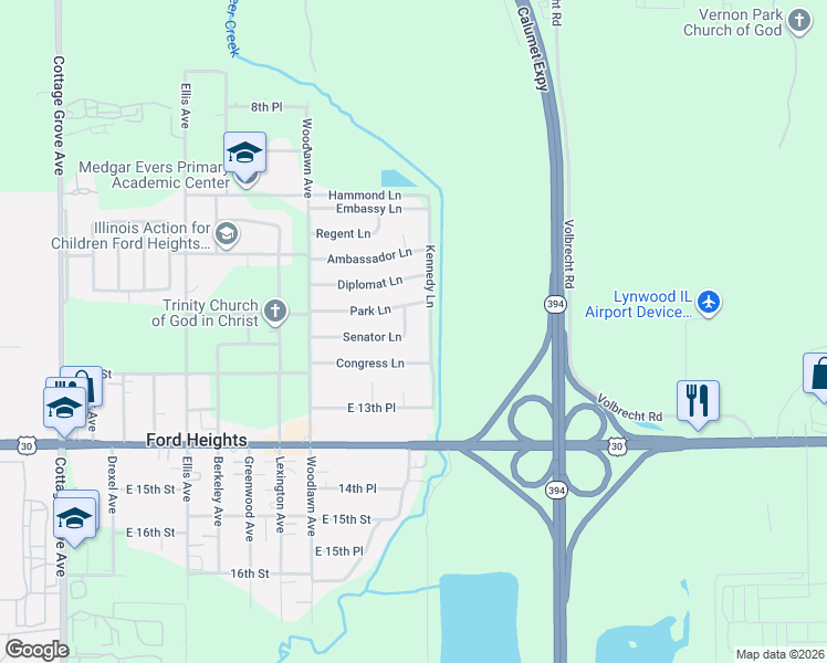 map of restaurants, bars, coffee shops, grocery stores, and more near 1529 Senator Lane in Chicago Heights
