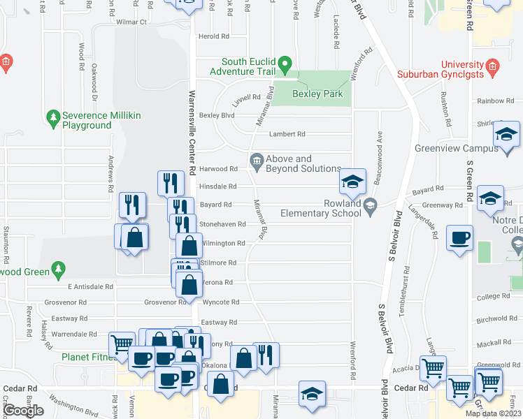 map of restaurants, bars, coffee shops, grocery stores, and more near 4106 Bayard Road in South Euclid