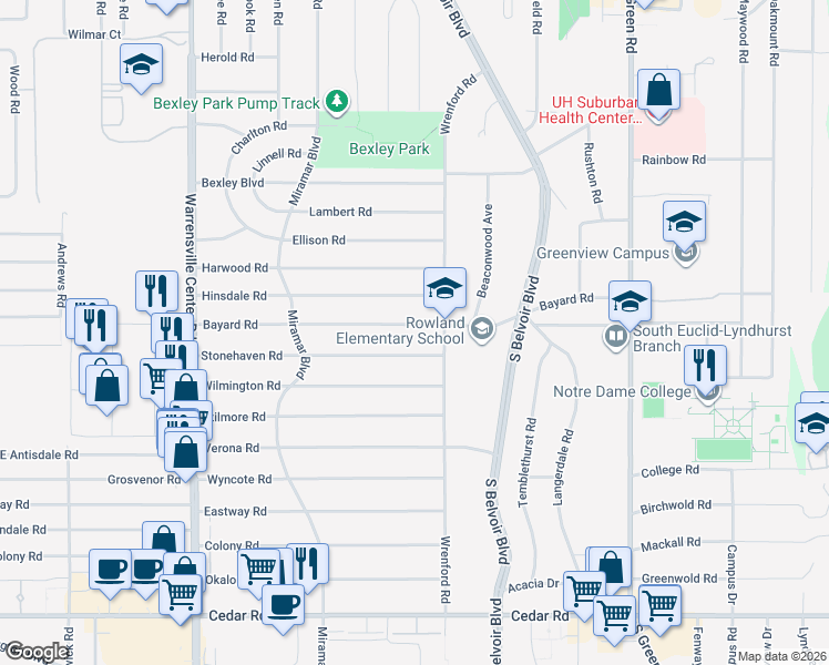 map of restaurants, bars, coffee shops, grocery stores, and more near 4226 Bayard Road in South Euclid