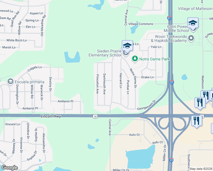 map of restaurants, bars, coffee shops, grocery stores, and more near 913 Dartmouth Avenue in Matteson