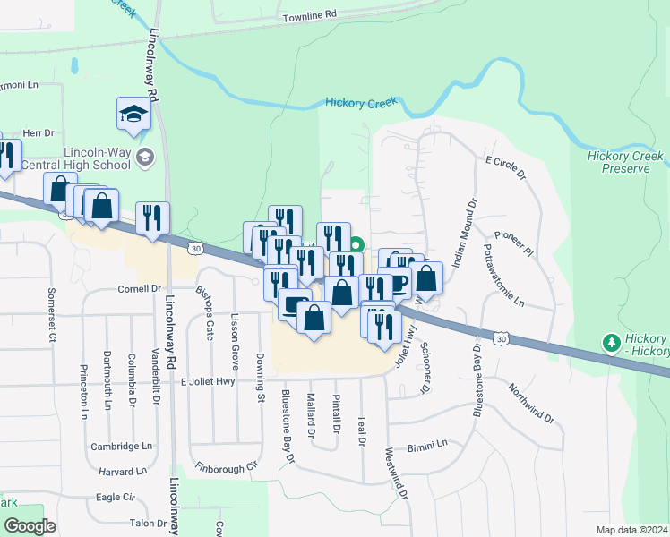 map of restaurants, bars, coffee shops, grocery stores, and more near 2401 East Lincoln Highway in New Lenox