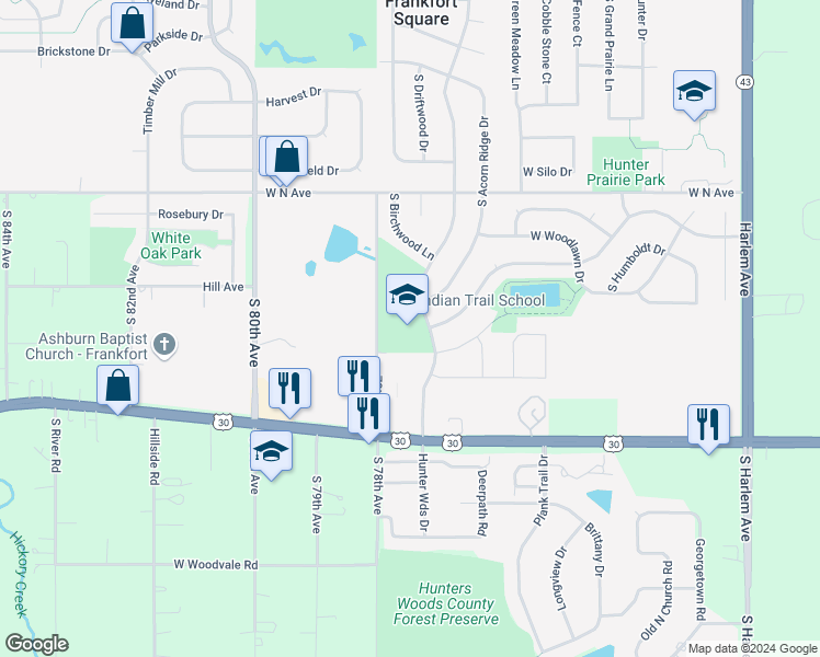 map of restaurants, bars, coffee shops, grocery stores, and more near 20912 South Frankfort Square Road in Frankfort