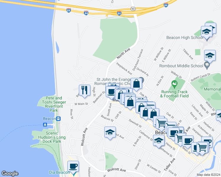 map of restaurants, bars, coffee shops, grocery stores, and more near 1166 North Avenue in Beacon