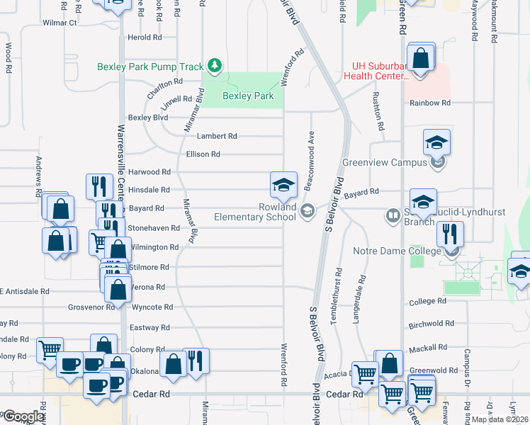 map of restaurants, bars, coffee shops, grocery stores, and more near 4226 Bayard Road in South Euclid