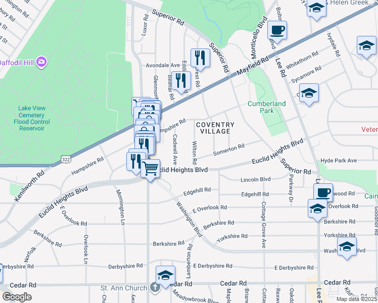 map of restaurants, bars, coffee shops, grocery stores, and more near 1837 Wilton Road in Cleveland Heights