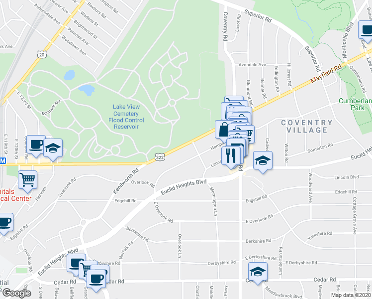 map of restaurants, bars, coffee shops, grocery stores, and more near 2660 Mayfield Road in Cleveland Heights