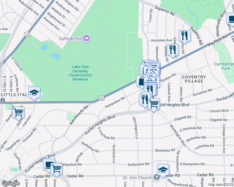 map of restaurants, bars, coffee shops, grocery stores, and more near 2660 Mayfield Road in Cleveland Heights
