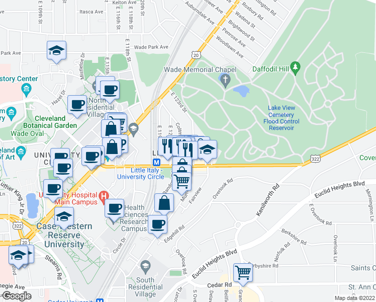 map of restaurants, bars, coffee shops, grocery stores, and more near in Cleveland