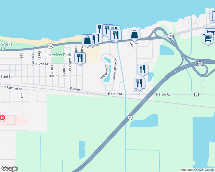map of restaurants, bars, coffee shops, grocery stores, and more near 230-234 Driftwood Drive in Port Clinton