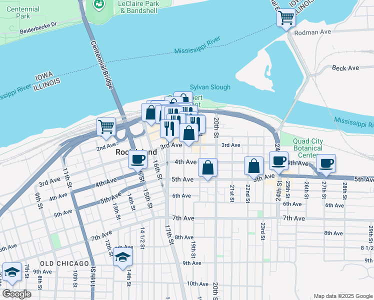 map of restaurants, bars, coffee shops, grocery stores, and more near 313 18th Street in Rock Island
