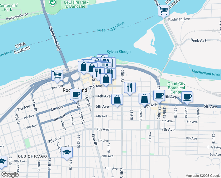 map of restaurants, bars, coffee shops, grocery stores, and more near 1828 3rd Avenue in Rock Island