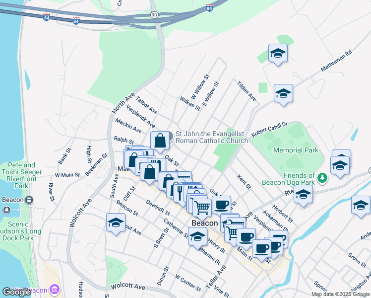 map of restaurants, bars, coffee shops, grocery stores, and more near 80 Verplanck Avenue in Beacon