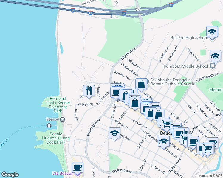 map of restaurants, bars, coffee shops, grocery stores, and more near 15 North Ave in Beacon