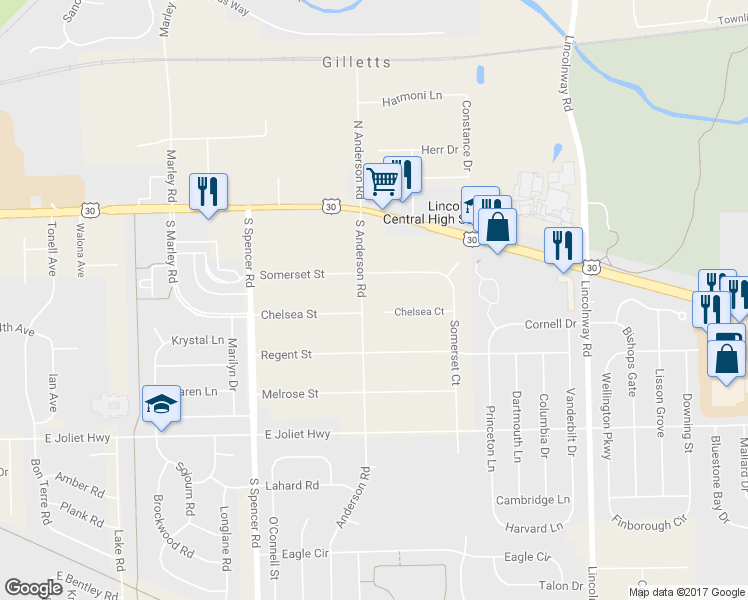 map of restaurants, bars, coffee shops, grocery stores, and more near 909 Chelsea Court in New Lenox