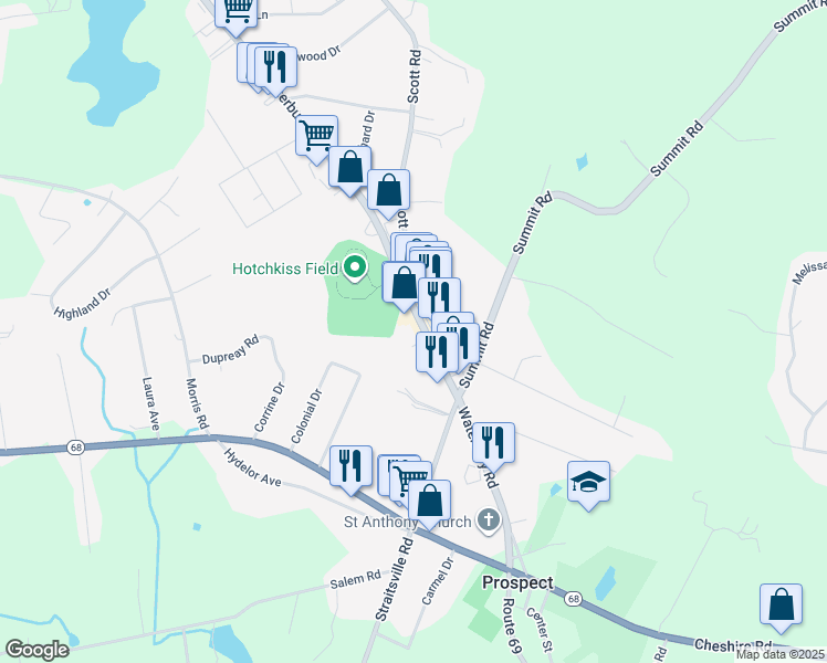 map of restaurants, bars, coffee shops, grocery stores, and more near 45 Waterbury Road in Prospect