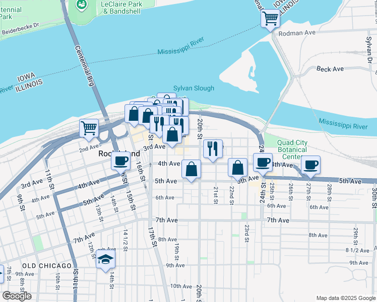 map of restaurants, bars, coffee shops, grocery stores, and more near 1900 3rd Avenue in Rock Island