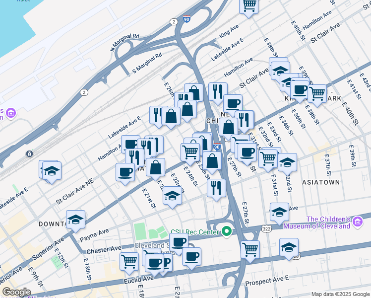 map of restaurants, bars, coffee shops, grocery stores, and more near 1456 East 25th Street in Cleveland