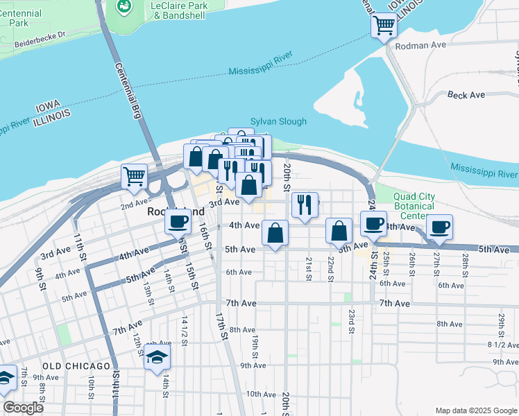 map of restaurants, bars, coffee shops, grocery stores, and more near 1828 3rd Avenue in Rock Island