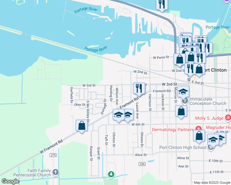 map of restaurants, bars, coffee shops, grocery stores, and more near 320 Wilson Avenue in Port Clinton