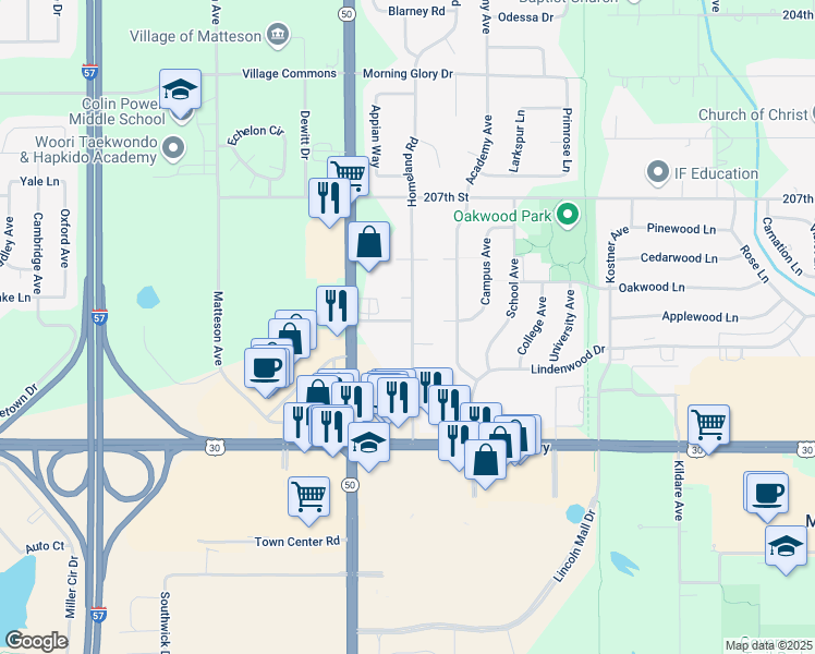 map of restaurants, bars, coffee shops, grocery stores, and more near 20900 Homeland Road in Matteson