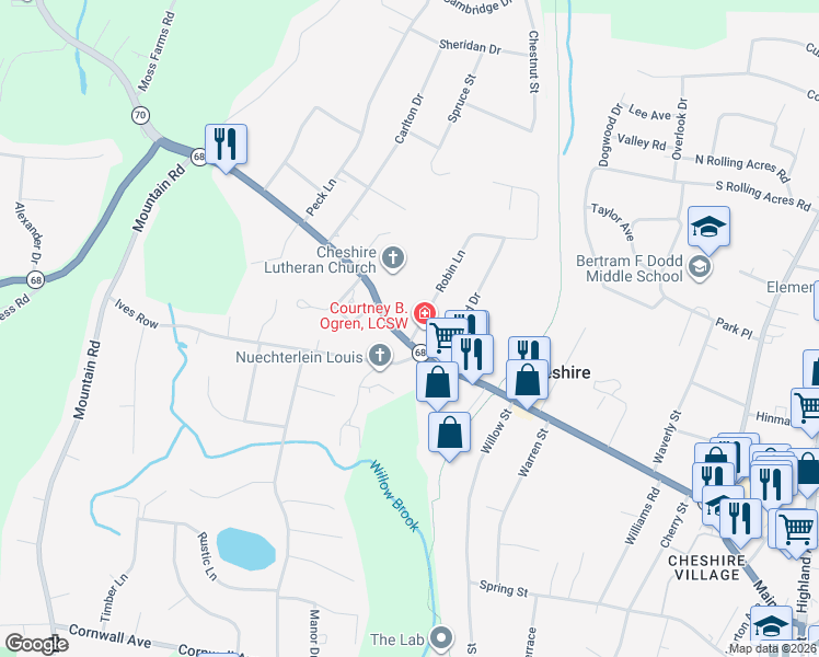 map of restaurants, bars, coffee shops, grocery stores, and more near 7 Robin Lane in Cheshire