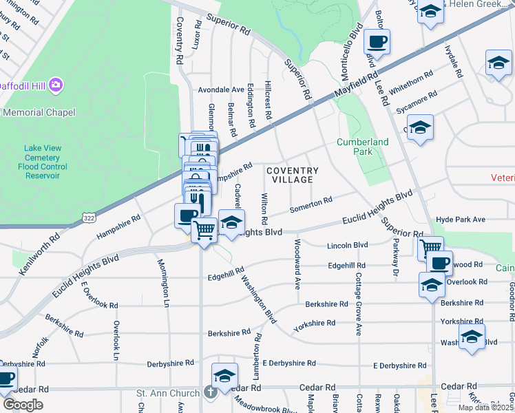 map of restaurants, bars, coffee shops, grocery stores, and more near 1837 Wilton Road in Cleveland Heights