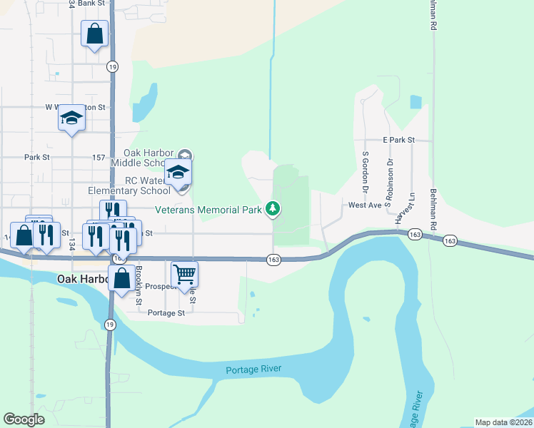 map of restaurants, bars, coffee shops, grocery stores, and more near 323 Ottawa Street in Elmore