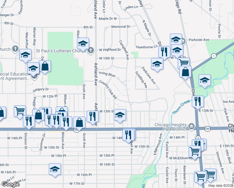 map of restaurants, bars, coffee shops, grocery stores, and more near 223 Country Club Road in Chicago Heights