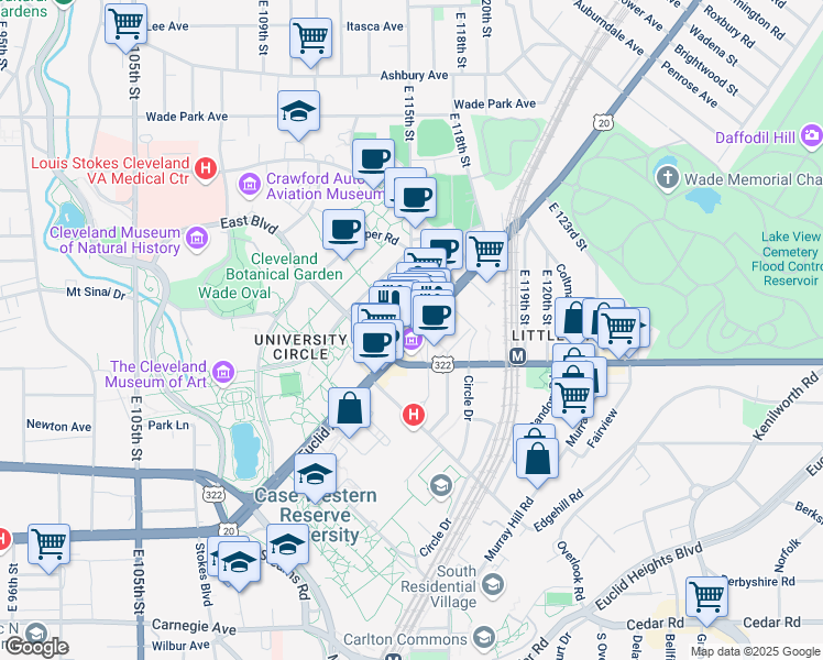 map of restaurants, bars, coffee shops, grocery stores, and more near 11431 Euclid Avenue in Cleveland