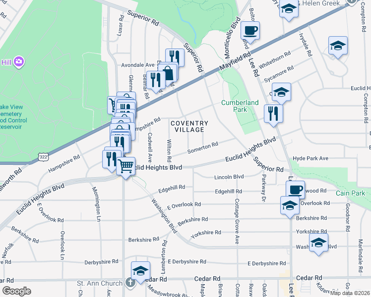 map of restaurants, bars, coffee shops, grocery stores, and more near 2947 Somerton Road in Cleveland Heights