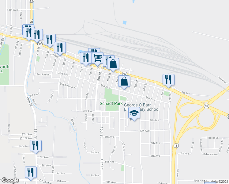 map of restaurants, bars, coffee shops, grocery stores, and more near 1106 2nd Avenue in Silvis